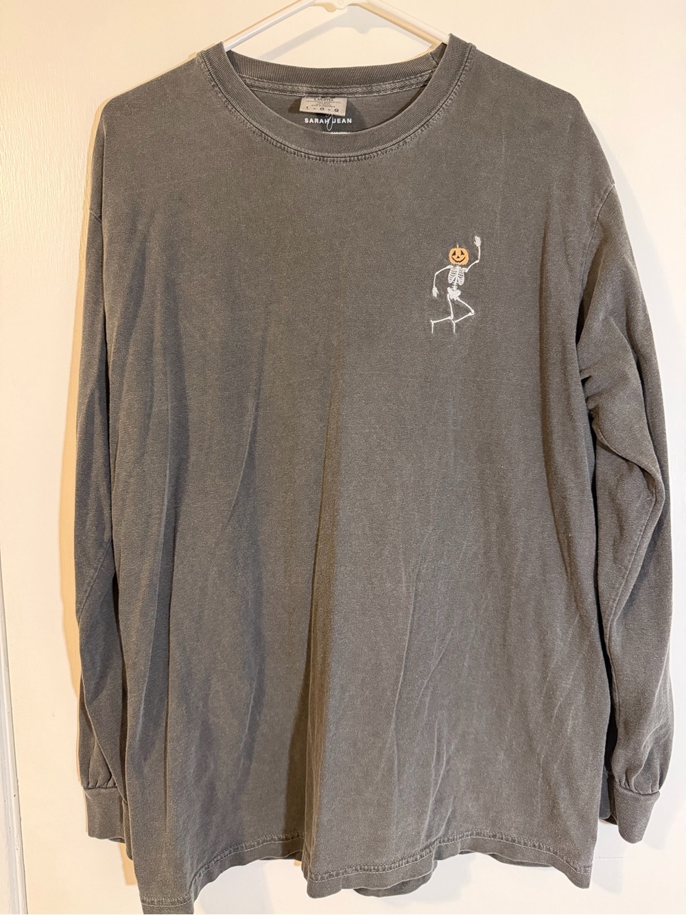 Sarah Jean Gray Long Sleeve Tee with Pumpkin Skeleton Embroidery